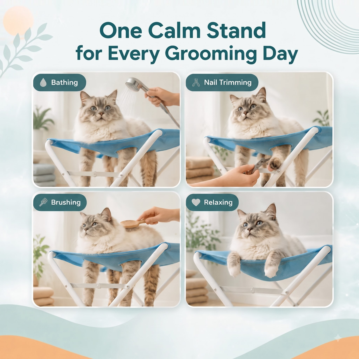 One calm stand for every grooming day — bathing, nail trimming, brushing, relaxing