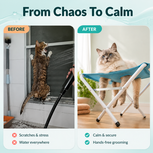 From chaos to calm — before and after using the grooming hammock