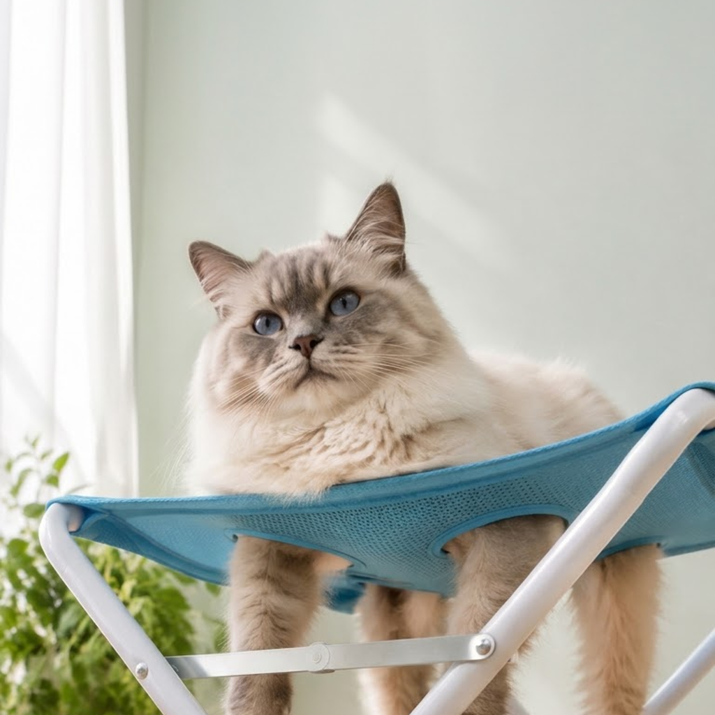 Calm cat resting in the grooming hammock
