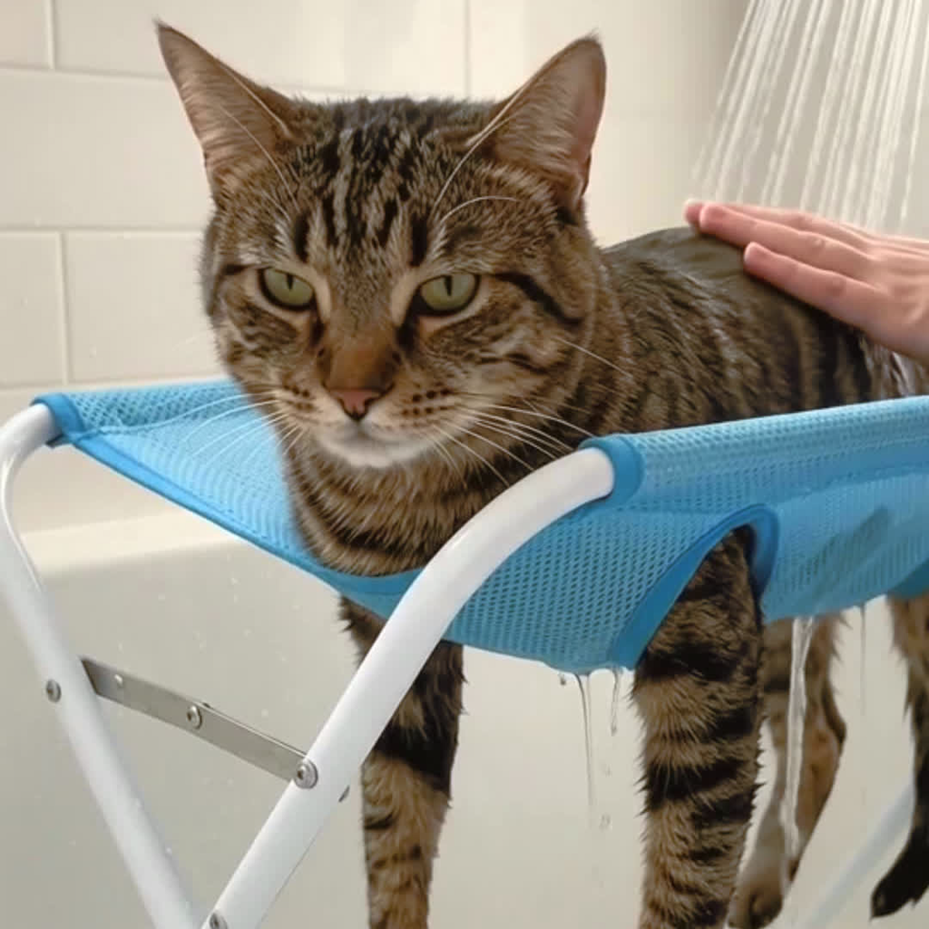 Bathing a calm cat in the hammock