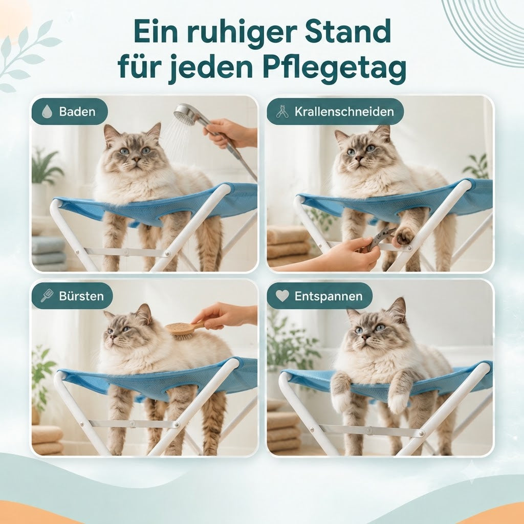 One calm stand for every grooming day — bathing, nail trimming, brushing, relaxing