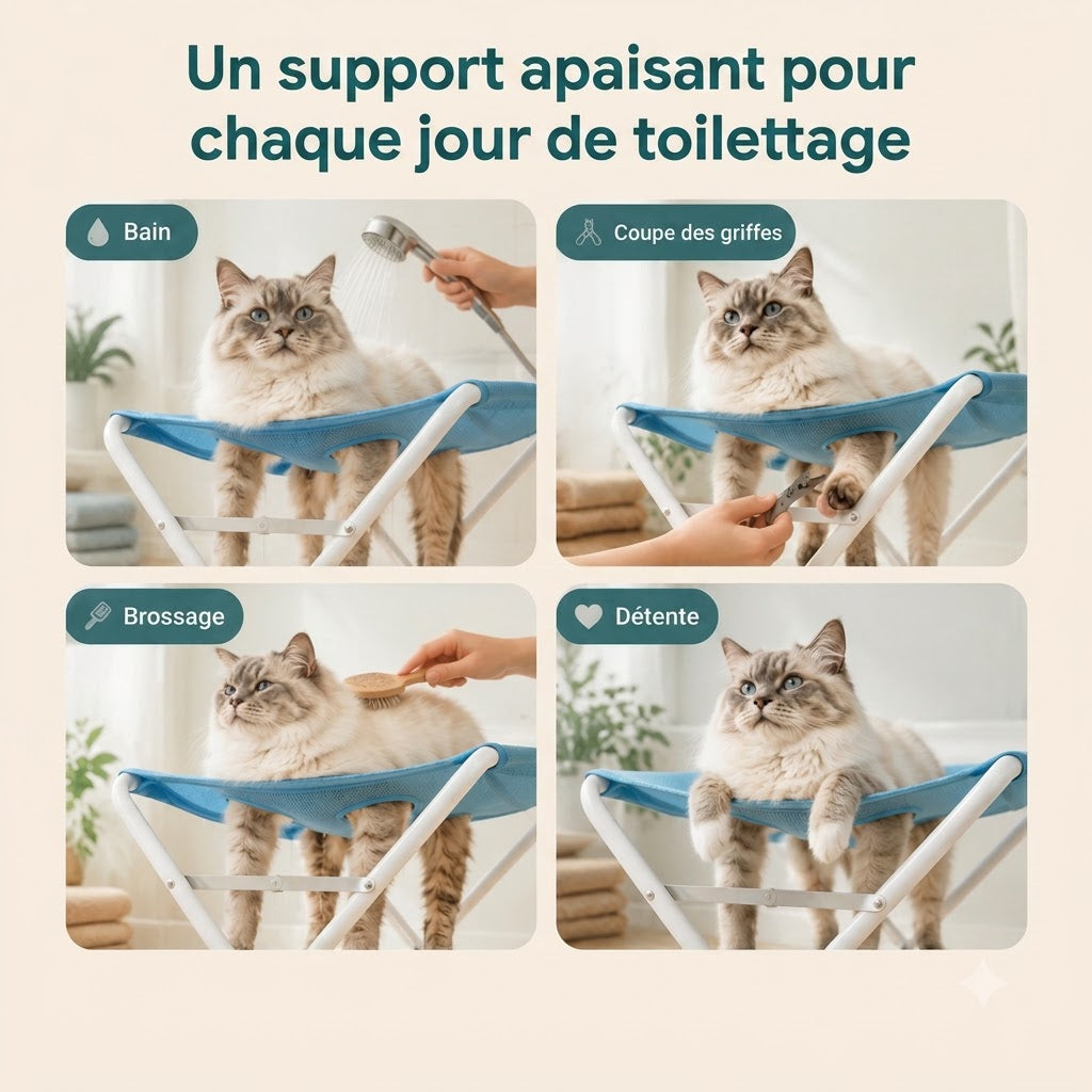 One calm stand for every grooming day — bathing, nail trimming, brushing, relaxing