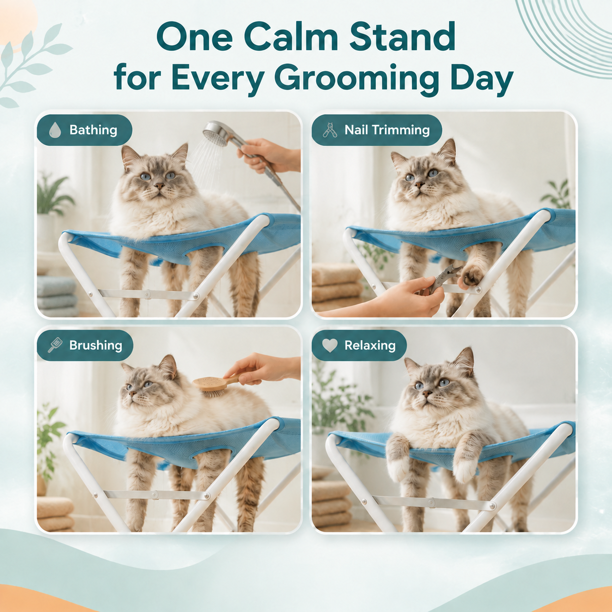 One calm stand for every grooming day — bathing, nail trimming, brushing, relaxing